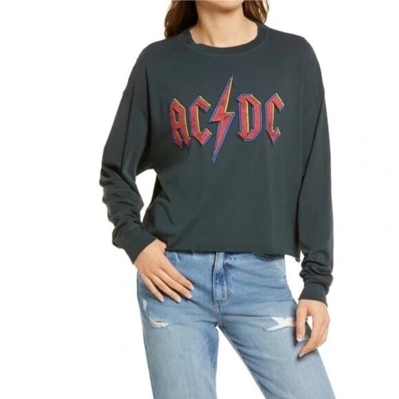 NWT Daydreamer AC/DC Crop Graphic‎ Sweatshirt in Vintage Black Size Small - Picture 1 of 11